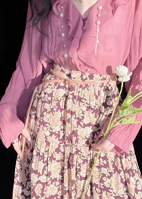 Modern Pink Ruffled Patchwork Chiffon Two Piece Set Spring LY1433