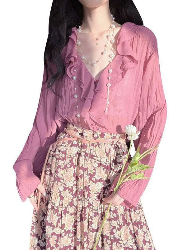 Modern Pink Ruffled Patchwork Chiffon Two Piece Set Spring LY1433