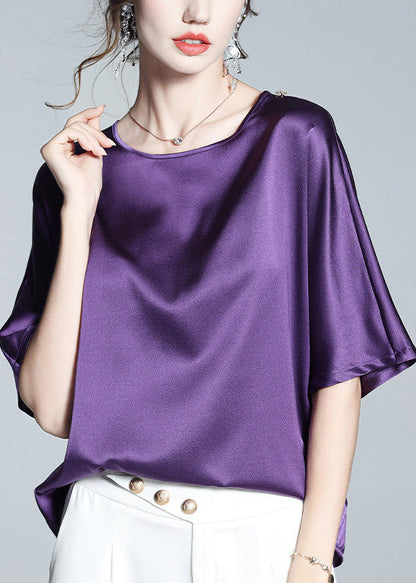 Modern Purple O-Neck Solid Silk Top Short Sleeve LY1024