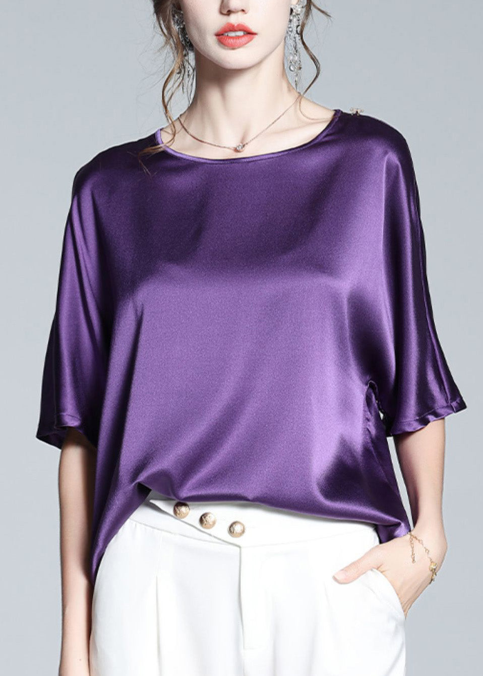 Modern Purple O-Neck Solid Silk Top Short Sleeve LY1024