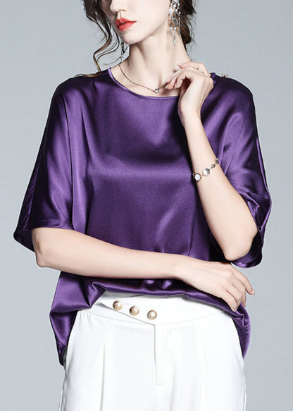 Modern Purple O-Neck Solid Silk Top Short Sleeve LY1024