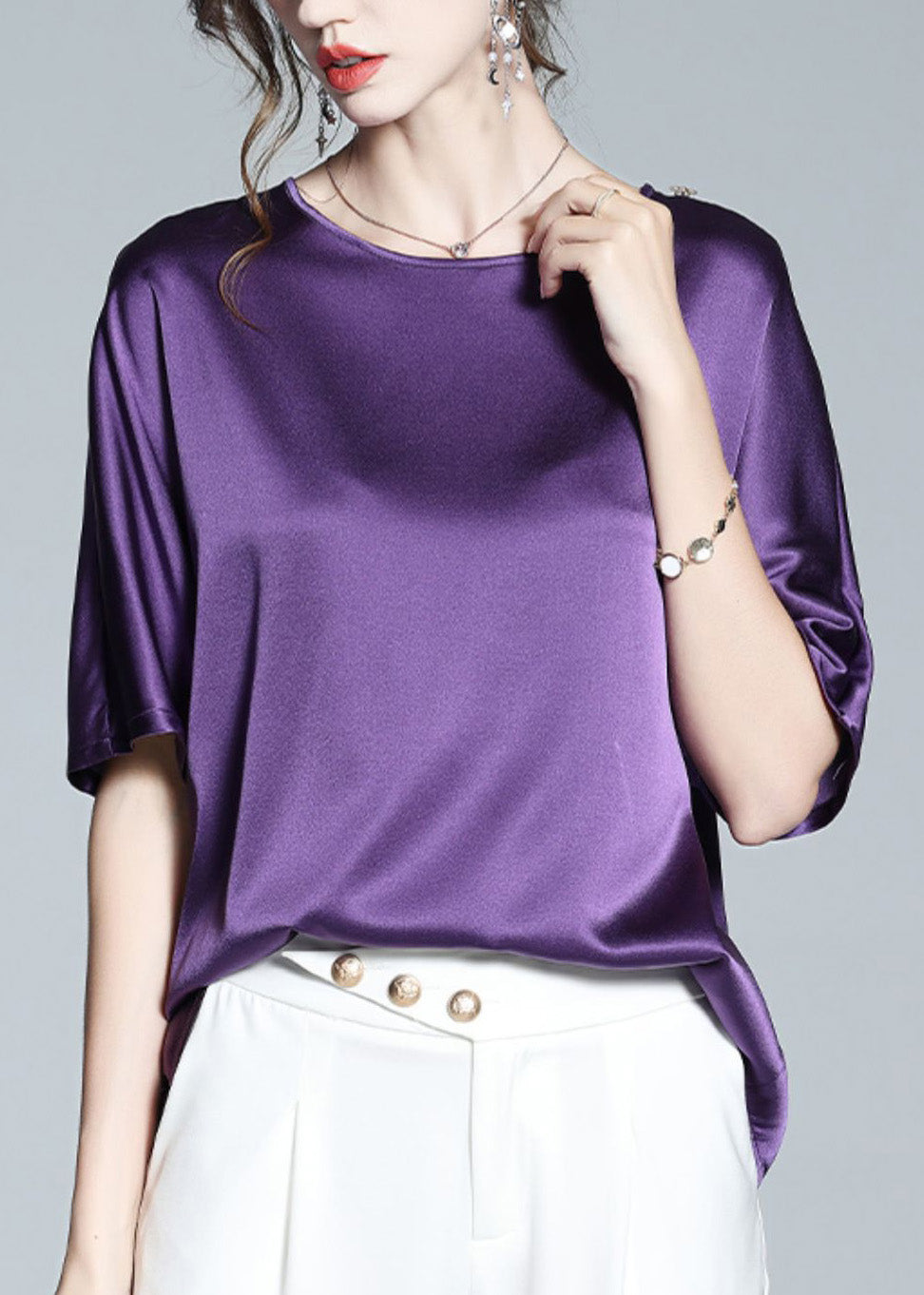 Modern Purple O-Neck Solid Silk Top Short Sleeve LY1024