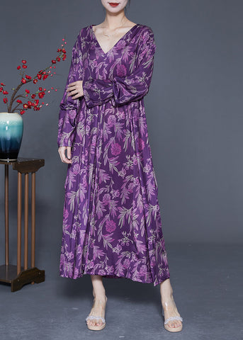 Modern Purple Oversized Print Silk Ankle Dress Spring LY1819