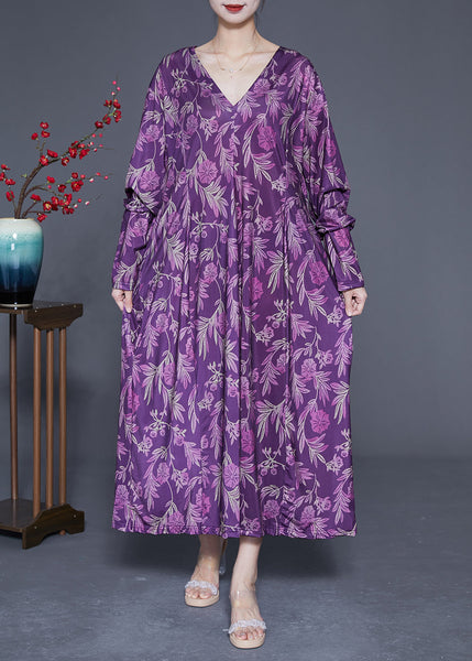 Modern Purple Oversized Print Silk Ankle Dress Spring LY1819
