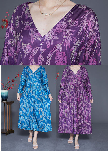 Modern Purple Oversized Print Silk Ankle Dress Spring LY1819