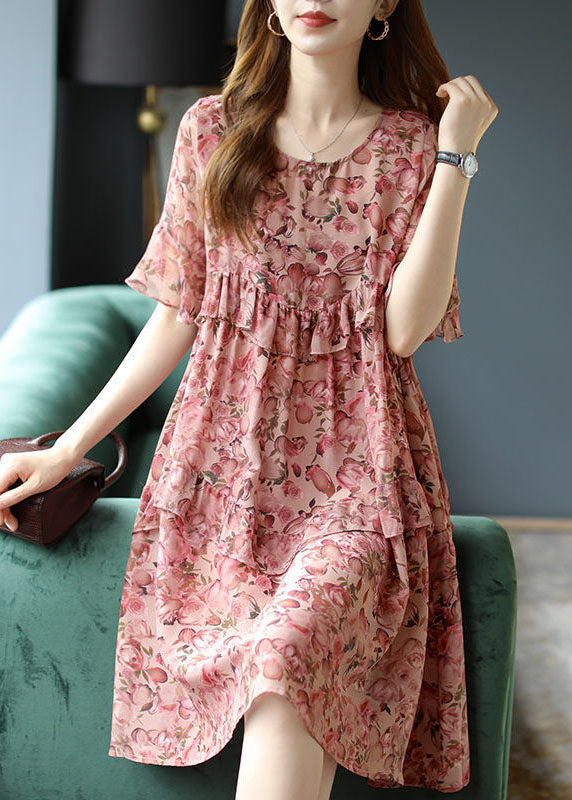 Modern Red Ruffles Print Slim Fit Chiffon Mid Dresses Summer FR2020