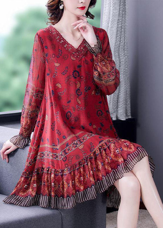 Modern Red V Neck Patchwork Ruffles Print Silk Dresses Long Sleeve FR2033