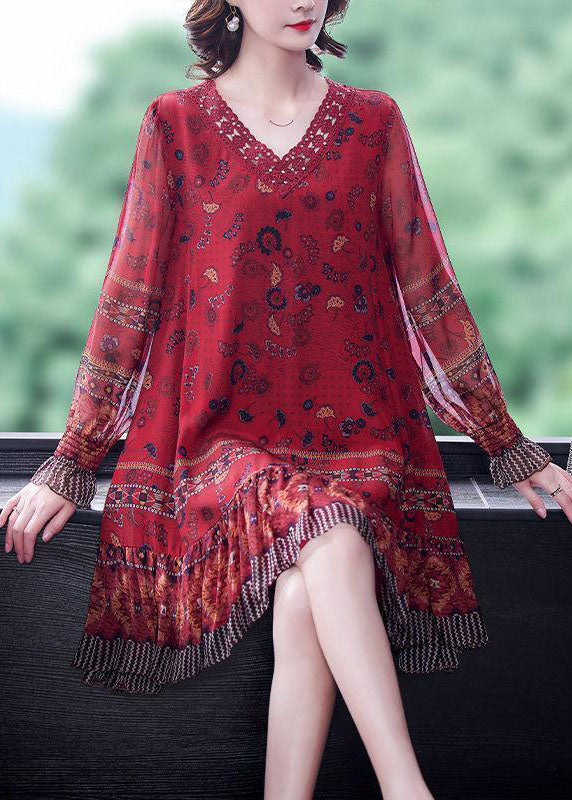 Modern Red V Neck Patchwork Ruffles Print Silk Dresses Long Sleeve FR2033