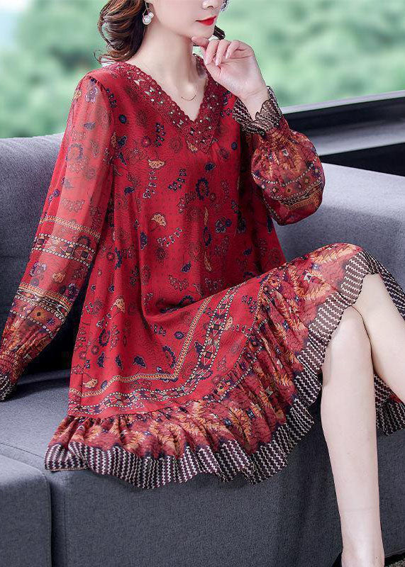 Modern Red V Neck Patchwork Ruffles Print Silk Dresses Long Sleeve FR2033