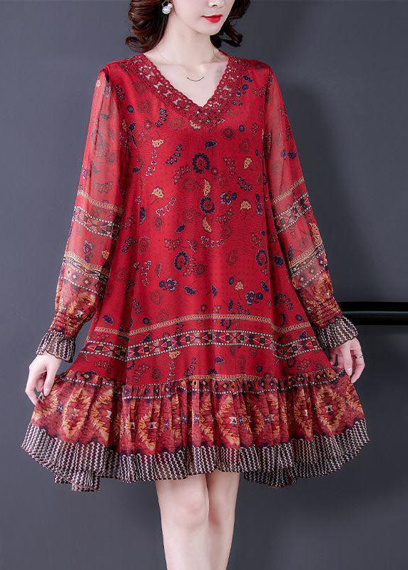 Modern Red V Neck Patchwork Ruffles Print Silk Dresses Long Sleeve FR2033