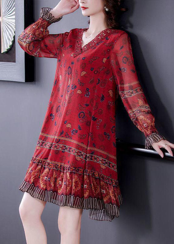 Modern Red V Neck Patchwork Ruffles Print Silk Dresses Long Sleeve FR2033