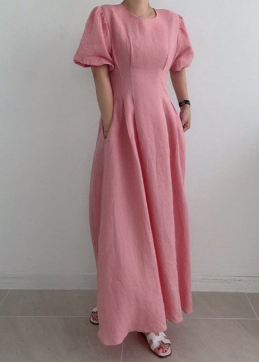 Modern Rose Cinched Wrinkled Linen Long Dress Puff Sleeve LY1369