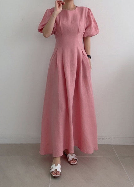 Modern Rose Cinched Wrinkled Linen Long Dress Puff Sleeve LY1369