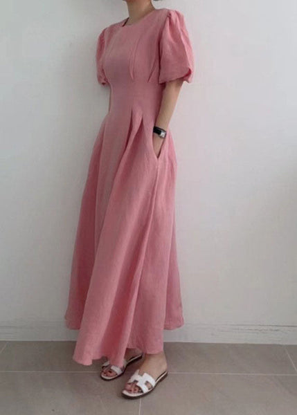 Modern Rose Cinched Wrinkled Linen Long Dress Puff Sleeve LY1369