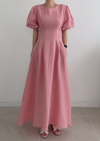 Modern Rose Cinched Wrinkled Linen Long Dress Puff Sleeve LY1369