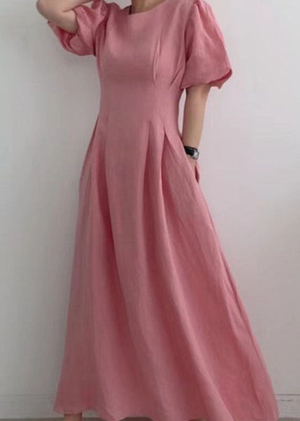 Modern Rose Cinched Wrinkled Linen Long Dress Puff Sleeve LY1369