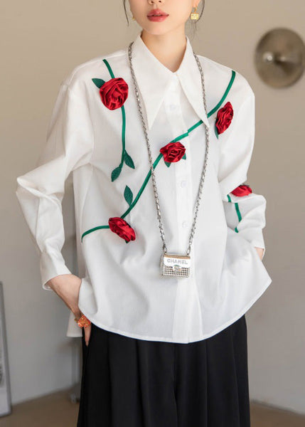 Modern White Peter Pan Collar Floral Button Cotton Shirt Spring LY0757