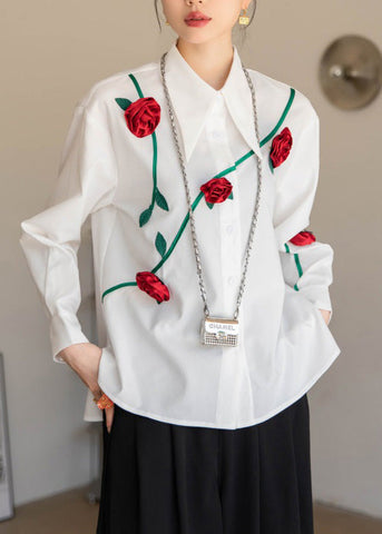 Modern White Peter Pan Collar Floral Button Cotton Shirt Spring LY0757