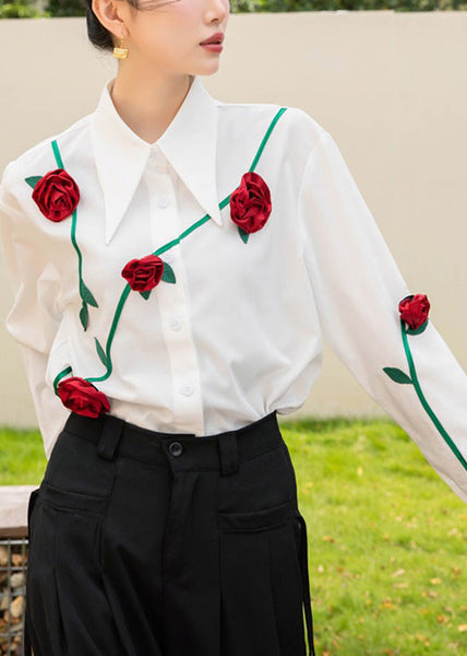 Modern White Peter Pan Collar Floral Button Cotton Shirt Spring LY0757