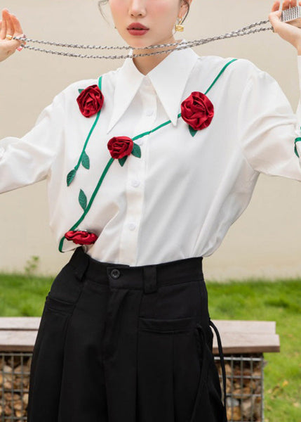 Modern White Peter Pan Collar Floral Button Cotton Shirt Spring LY0757