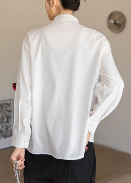 Modern White Peter Pan Collar Floral Button Cotton Shirt Spring LY0757