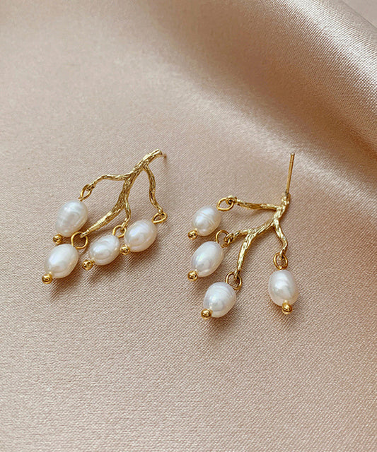 Modern White Sterling Silver Overgild Inlaid Pearl Branch Shaped Hoop Earrings LY1805