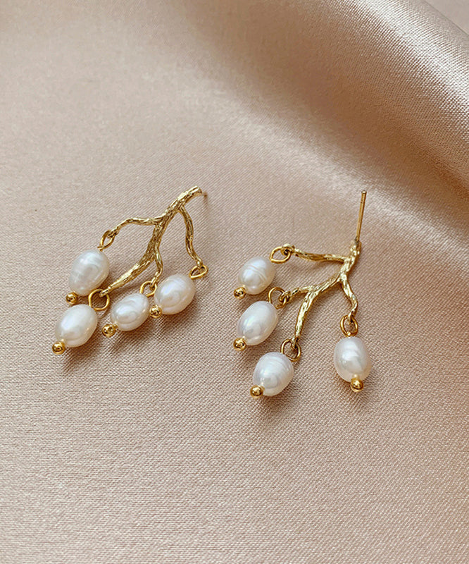 Modern White Sterling Silver Overgild Inlaid Pearl Branch Shaped Hoop Earrings LY1805