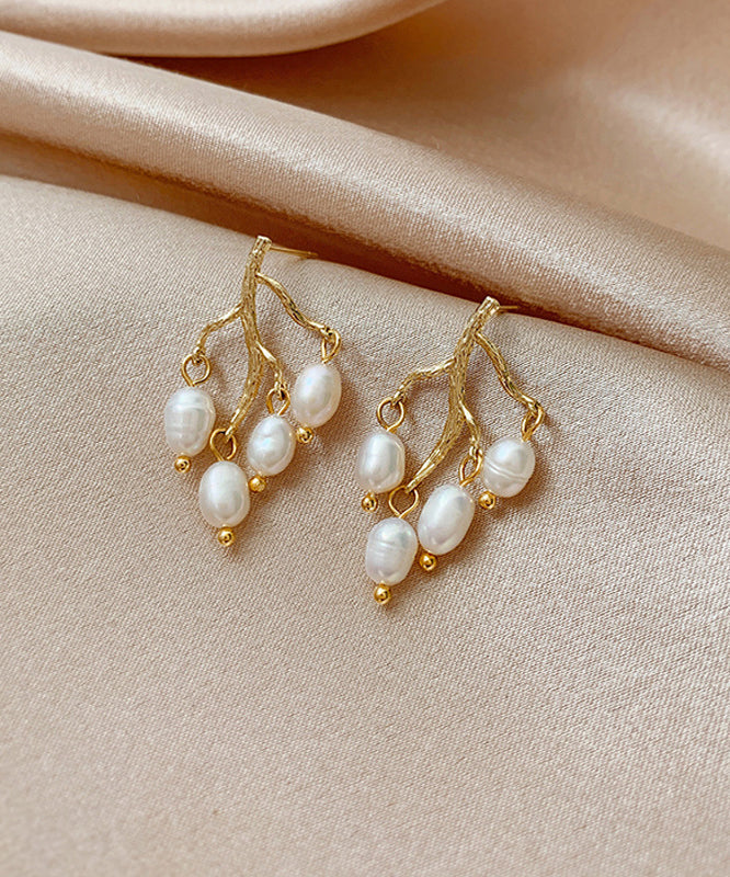 Modern White Sterling Silver Overgild Inlaid Pearl Branch Shaped Hoop Earrings LY1805