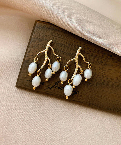 Modern White Sterling Silver Overgild Inlaid Pearl Branch Shaped Hoop Earrings LY1805