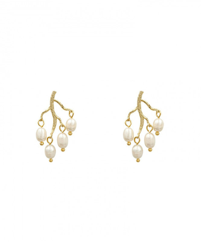 Modern White Sterling Silver Overgild Inlaid Pearl Branch Shaped Hoop Earrings LY1805