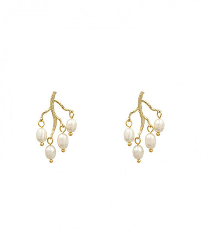 Modern White Sterling Silver Overgild Inlaid Pearl Branch Shaped Hoop Earrings LY1805