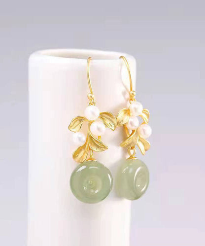 Modern White Sterling Silver Overgild Inlaid Pearl Jade Drop Earrings TW1013