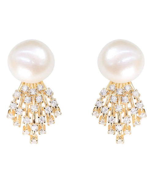 Modern White Sterling Silver Overgild Jade Zircon Stud Earrings Ada Fashion