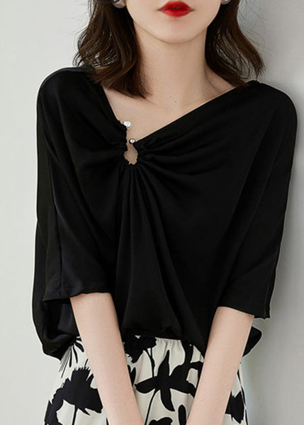 Chemises modernes blanches à col en V, cintrées, en satin perlé, manches courtes LY0353