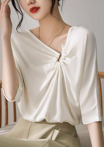 Modern White V Neck Cinched Pearl Satin Shirts Half Sleeve LY0353