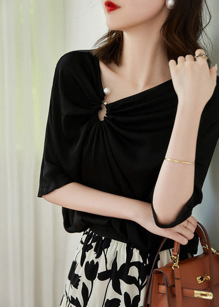 Chemises modernes blanches à col en V, cintrées, en satin perlé, manches courtes LY0353