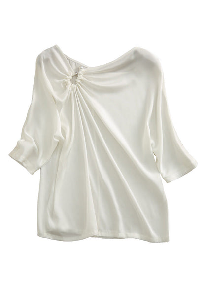 Modern White V Neck Cinched Pearl Satin Shirts Half Sleeve LY0353