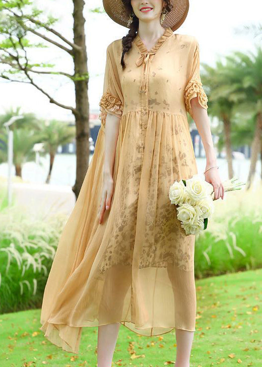 Modern Yellow Ruffled Patchwork Wrinkled Silk Vacation Dresses AC3046