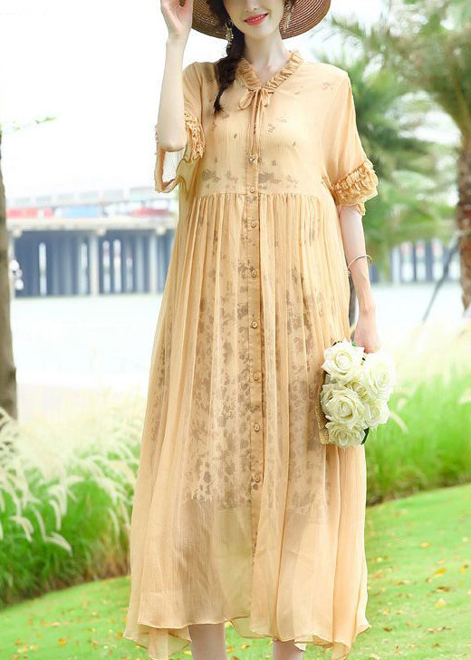 Modern Yellow Ruffled Patchwork Wrinkled Silk Vacation Dresses AC3046