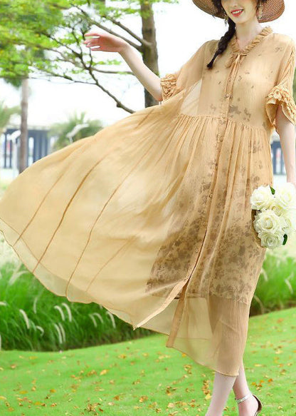 Modern Yellow Ruffled Patchwork Wrinkled Silk Vacation Dresses Summer LY0740