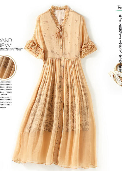 Modern Yellow Ruffled Patchwork Wrinkled Silk Vacation Dresses Summer LY0740