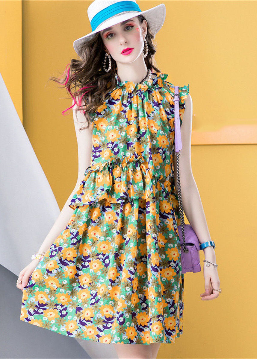 Modern Yellow Ruffled Print Patchwork Cotton Dress Sleeveless LC0218