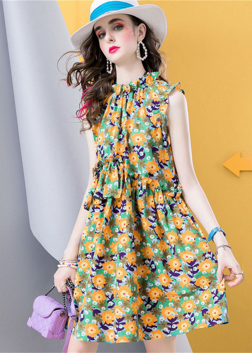 Modern Yellow Ruffled Print Patchwork Cotton Dress Sleeveless LC0218