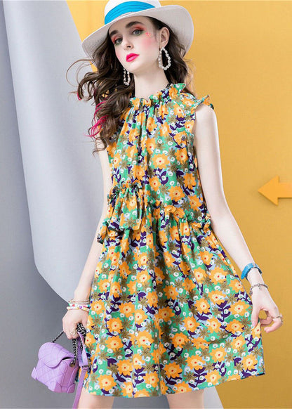 Modern Yellow Ruffled Print Patchwork Cotton Dress Sleeveless LC0218