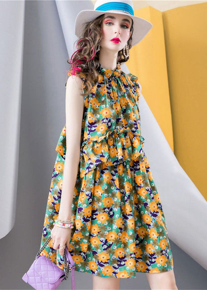 Modern Yellow Ruffled Print Patchwork Cotton Dress Sleeveless LC0218