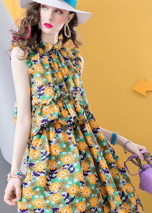 Modern Yellow Ruffled Print Patchwork Cotton Dress Sleeveless LC0218