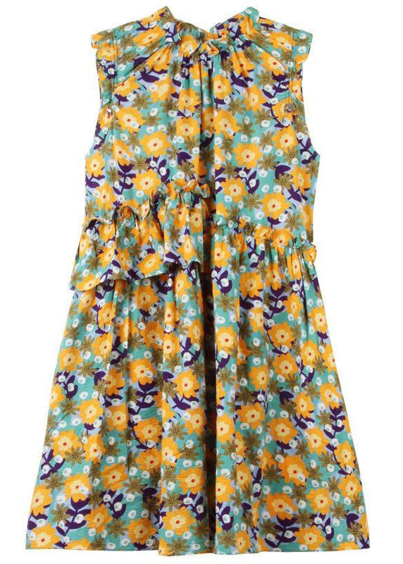 Modern Yellow Ruffled Print Patchwork Cotton Dress Sleeveless LC0218