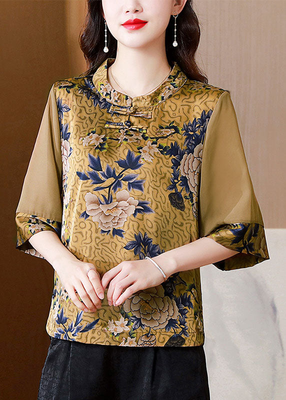 Modern Yellow Stand Collar Print Patchwork Button Silk Top Summer LY0470