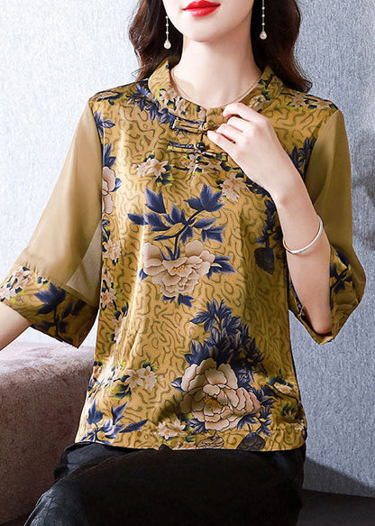 Modern Yellow Stand Collar Print Patchwork Button Silk Top Summer LY0470