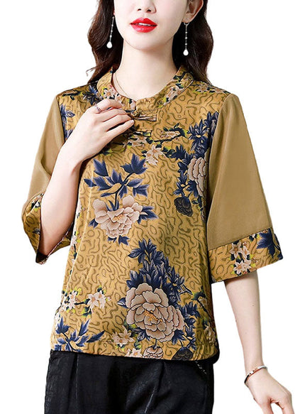 Modern Yellow Stand Collar Print Patchwork Button Silk Top Summer LY0470